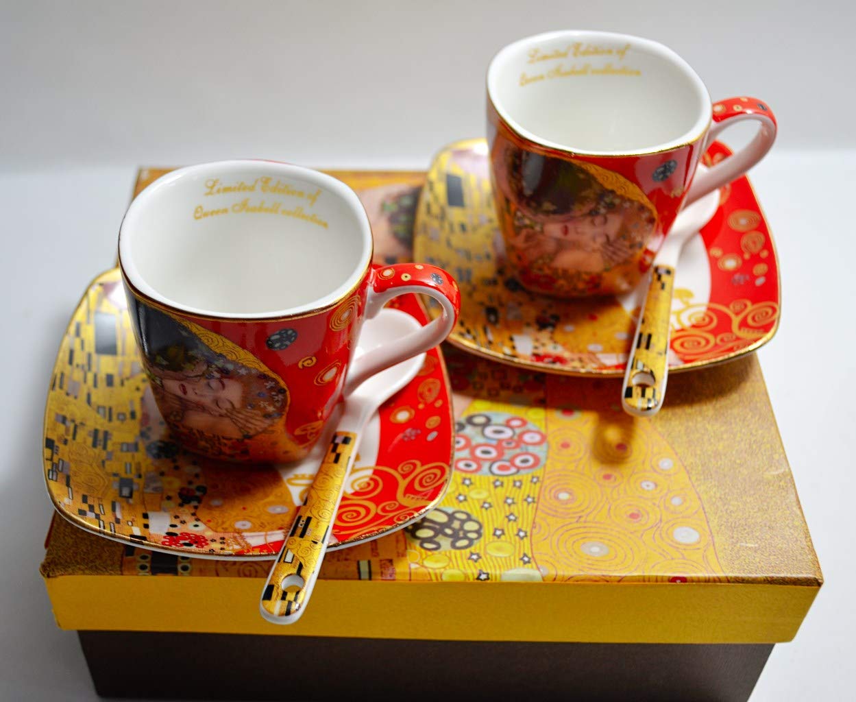 Gustav Klimt Espresso Cups Red "The Kiss" 6-Piece Porcelain with Gift Box