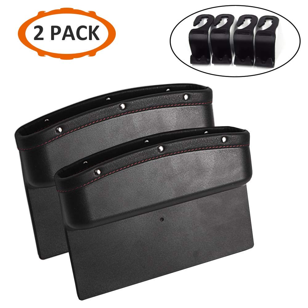 Car Seat Pockets, Console Side Organizer, PU Leather Seat Gap Filler, Catch Caddy for Cellphone/Wallet/Coin/Key (2 Pack Black)
