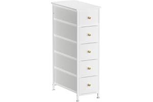 YILQQPER Narrow Dresser Storage Tower with 5 Drawers, Slim Dresser Chest of Drawers with Steel Frame, Wood Top, Golden Knobs, White Dresser for Bedroom, Bathroom, Small Spaces, Laundry, Closet, White
