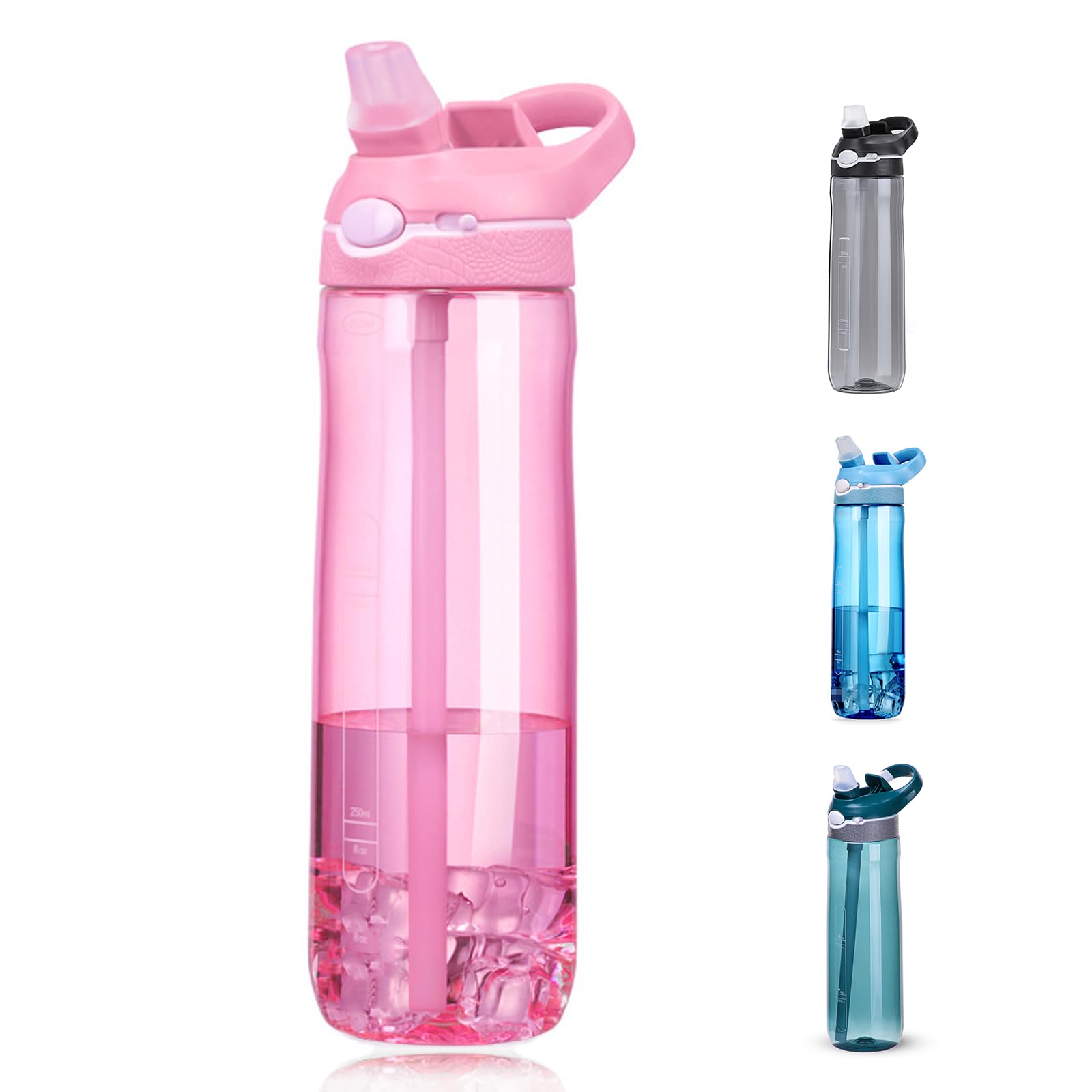 Photo 1 of DEARART 24oz Water Bottles With Straw, 100% Leakproof BPA FREE Hidden Nozzle, Flip Up Lid Clear Water Bottle With Handle, Wide Bottle Easy Clear, Suit Office Gym Yoga Sports Travel, Pink