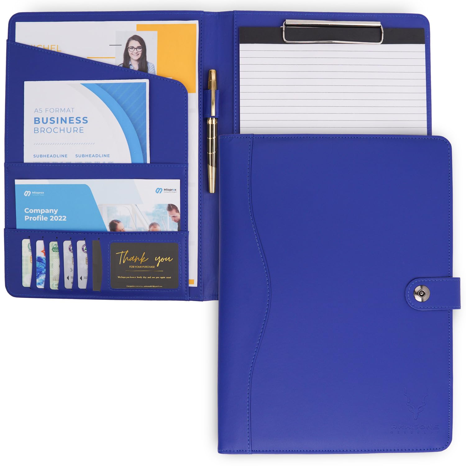 AMKSONS A4 Writing Case in Blue Including Clipboard & DIN A4 Notepad - Premium PU Leather Conference Folder with Document Compartments, Pen Holder, Flip Cover and Magnetic Closure (Blue), AMK-0202