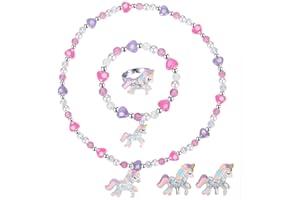 YARKEUIER Girls Play Necklace and Bracelets Ring Clip on Earrings Toddler Unicorn Jewelry Kids Little Girls Unicorn Necklace Set Charm Bling Bling Unicorn Pendants Party Favors Toddlers Colorful Dress up Jewelry Gifts-AA002