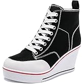 Mei MACLEOD High Heel Sneakers for Women Wedge Heel Sneaker with Side Zipper Casual Lace Up Canvas Shoes for College Students