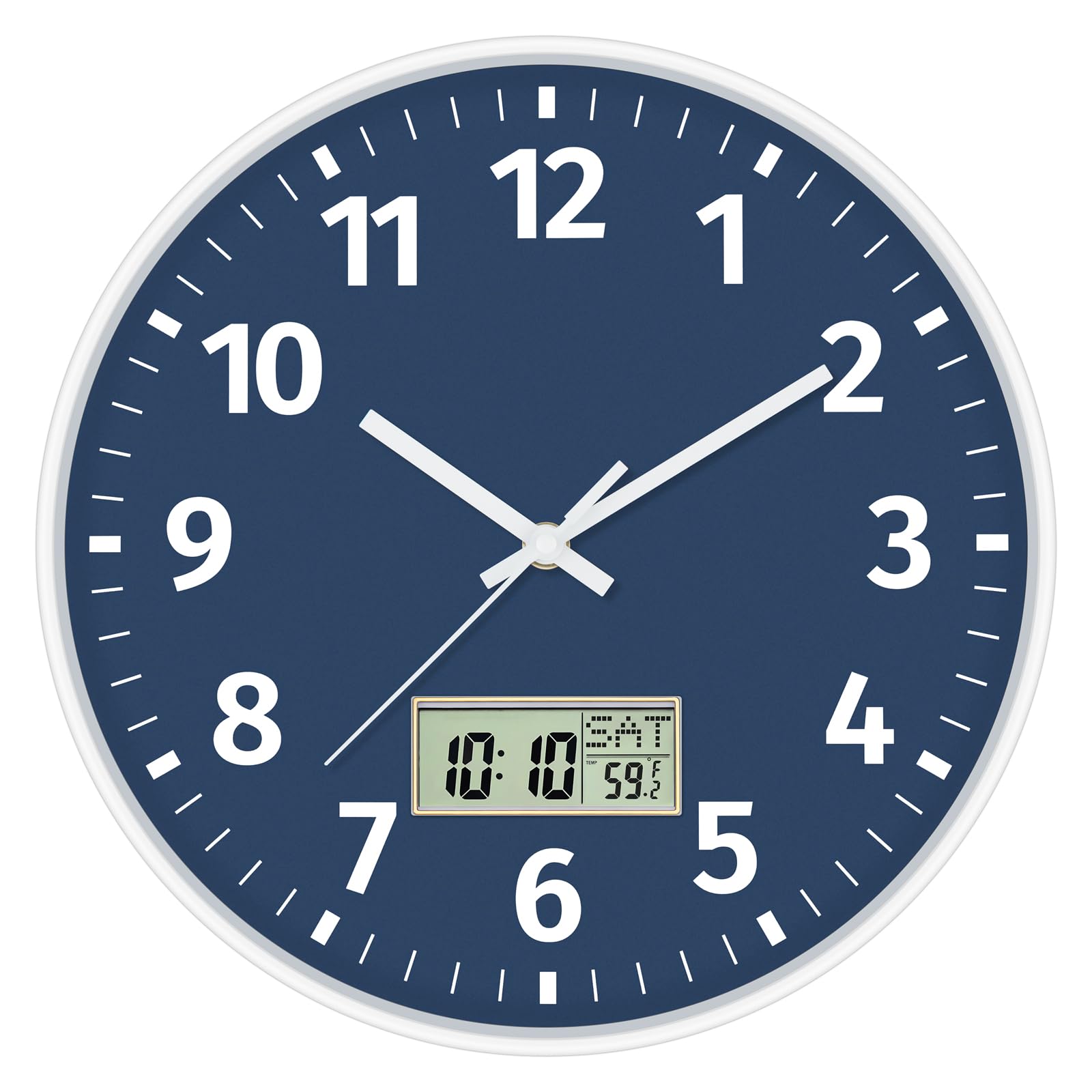 Photo 1 of Foxtop Digital Wall Clock with Time, Day of Week and Temperature, Silent Non-Ticking Battery Operated Round Digital and Analog Wall Clock for Classroom Office Bedroom Home School (12 Inch, Blue)