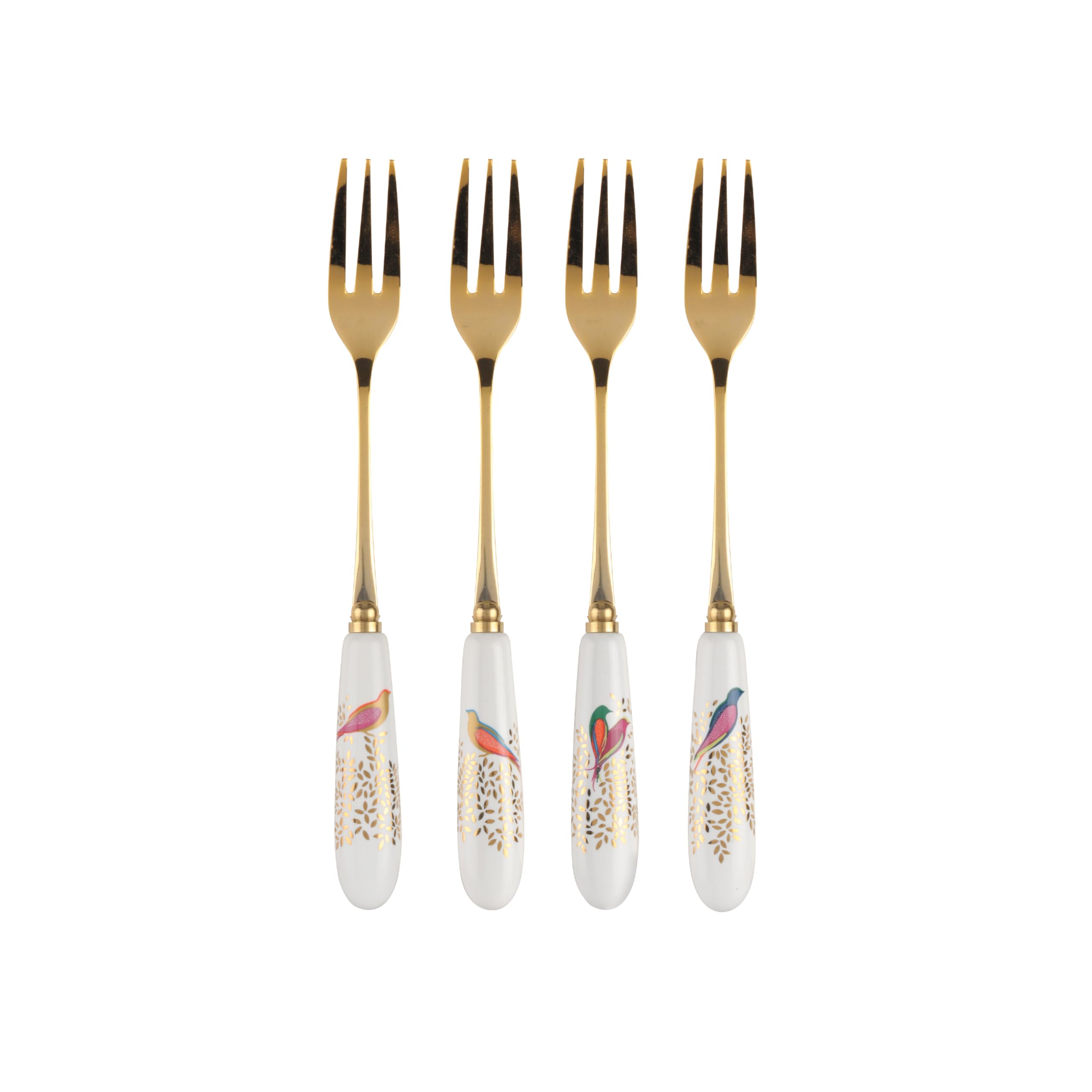 Portmeirion x Sara Miller London Set of 4 Gold Pastry Forks - White & Gold Design with Porcelain Handle, Elegant Design, Durable Stainless Steel Cutlery for Stylish Dining