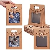 NBEADS 24 Pcs MINI Kraft Paper Bags with Window, 4.7x2.4x6.2 Stand Up MINI Gift Bag With Handles Brown Gift Bag with Clear Window for Candy Cookies Packaging Wedding Christmas Party Store Retail