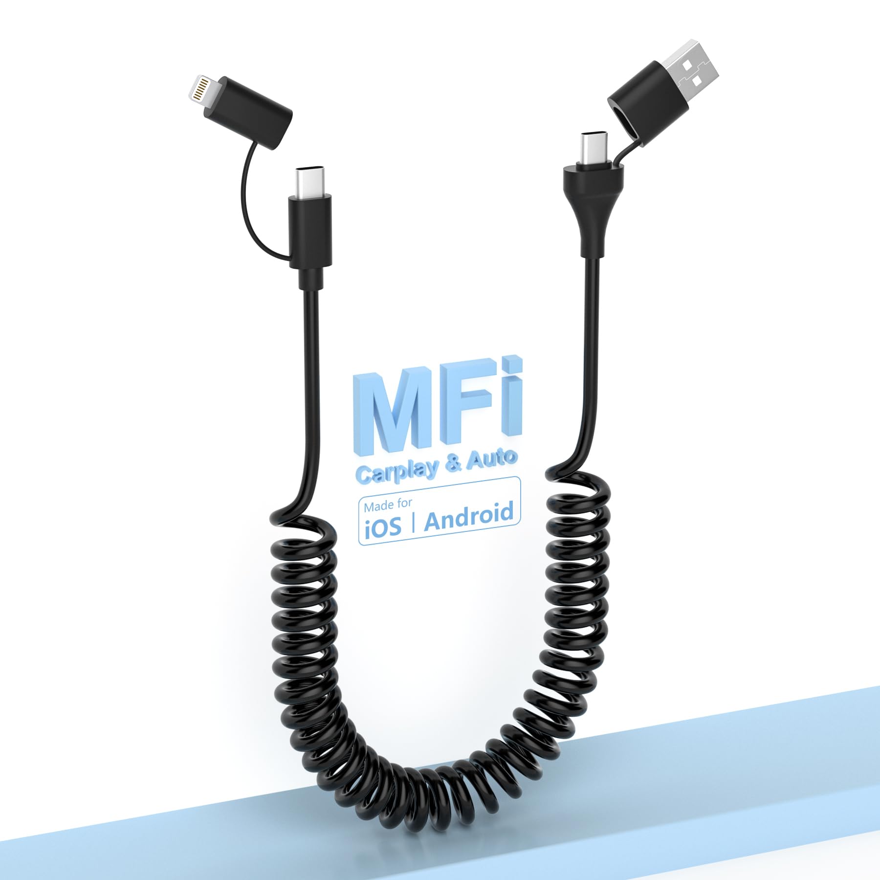 Photo 1 of 4 in 1 USB C and Lightning Cable [MFi Certified]60W Fast Charging & Data Sync Apple CarPlay & Android Auto,Coiled Multi Charging Cable Combo Lightning/Type C/USB A Ports for iPhone/Android/iPad/Laptop