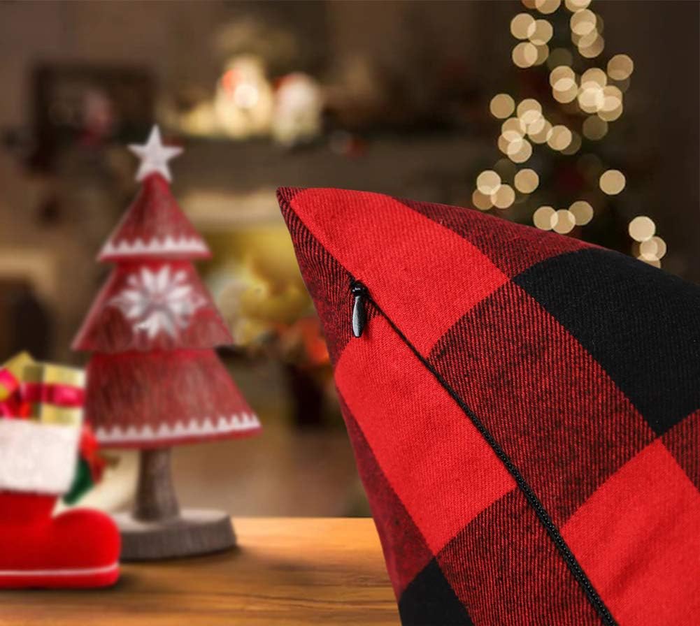 4TH Emotion Set of 2 Christmas Buffalo Check Plaid Throw Pillow Covers Cushion Case Cotton Polyester for Farmhouse Home Decor Red and Black, 18 x 18 Inches: Home & Kitchen