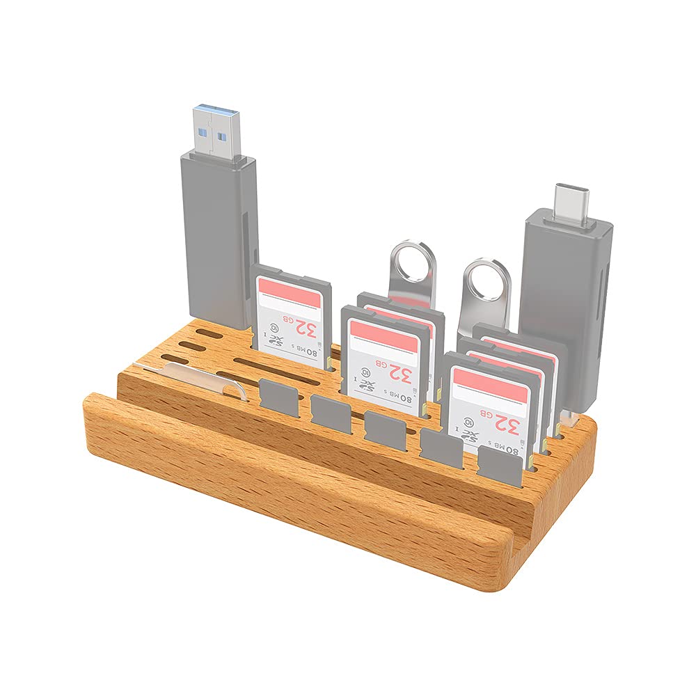 JJC Natural Beech Wooden Cell Phone Stand Desktop Mobile Phone Holder for Smartphone & TF/SD Card, Flash Drive/Card Reader (Type-C/Type-A) Storage Office Desk Organiser