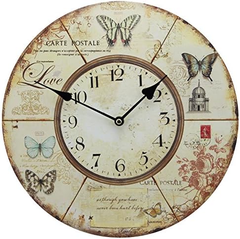13" Wall Clock with French County Butterflies Postcard Rustic Prints