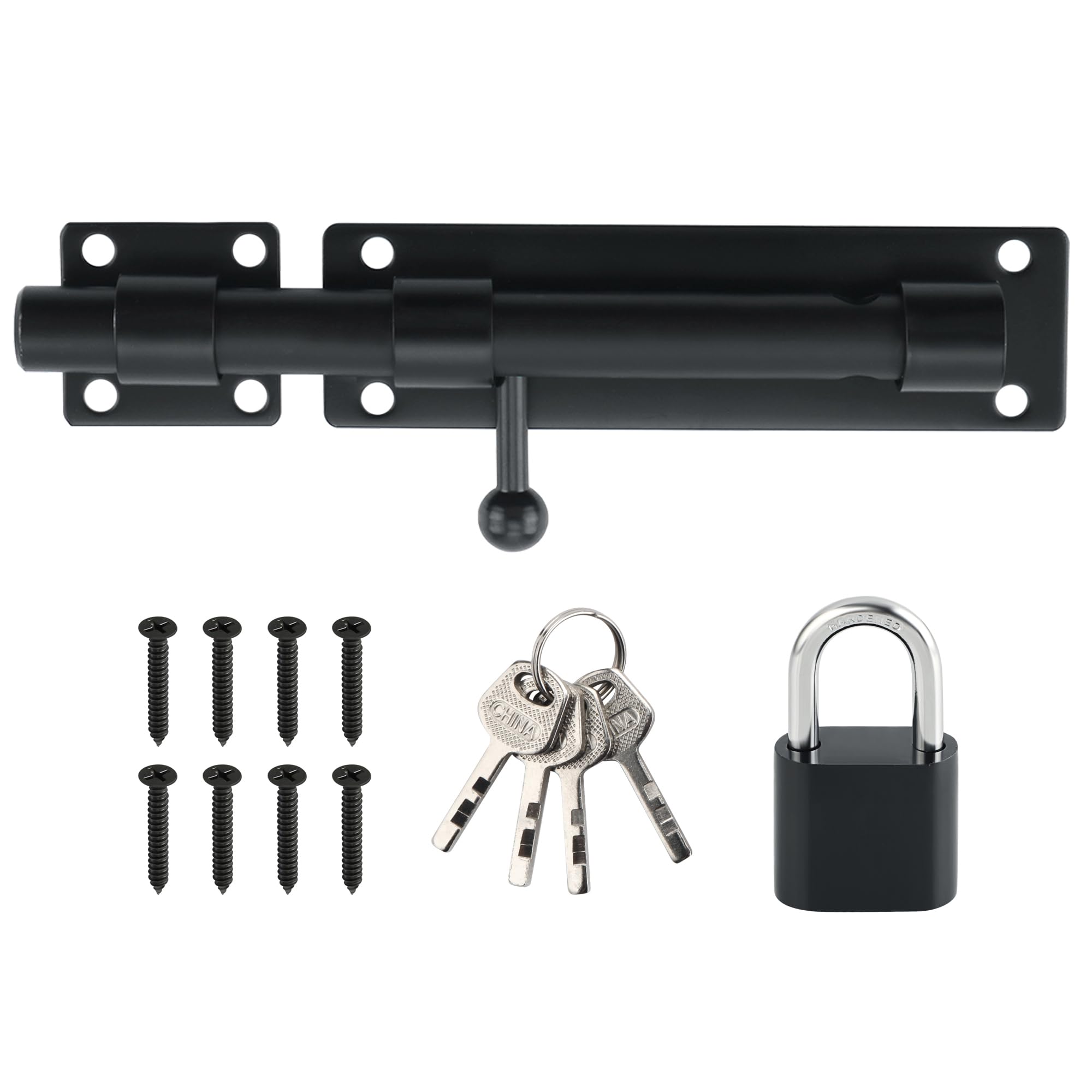 SAYAYO Slide Gate Latch Bolt Safety Door Lock with Padlock & 4 Keys Heavy Duty Solid SUS304 Stainless Steel Matte Black,180MM Length, 16MM Dia Bar, EMST8080-B — image 1