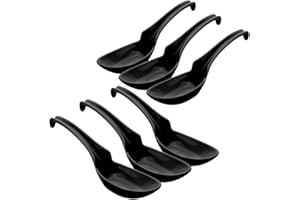 HSSP-MBKHK6, Melamine Soba, Rice Spoons, Chinese Asian Soup Spoons, 6 pc Notch & Hook Style, Black
