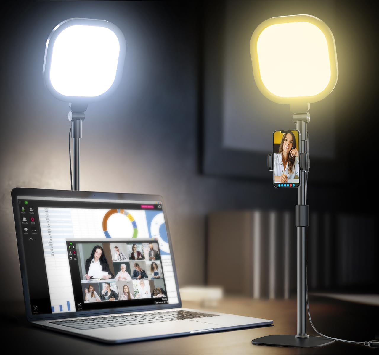 LitONES Desktop Video Conference Lights for Zoom Meetings,Computer Desk Ring Light with Stand Phone Holder,Dimmable Desk Lamp for Home Office,Video Lighting For Filming,Recording,Video Calls,Webcam