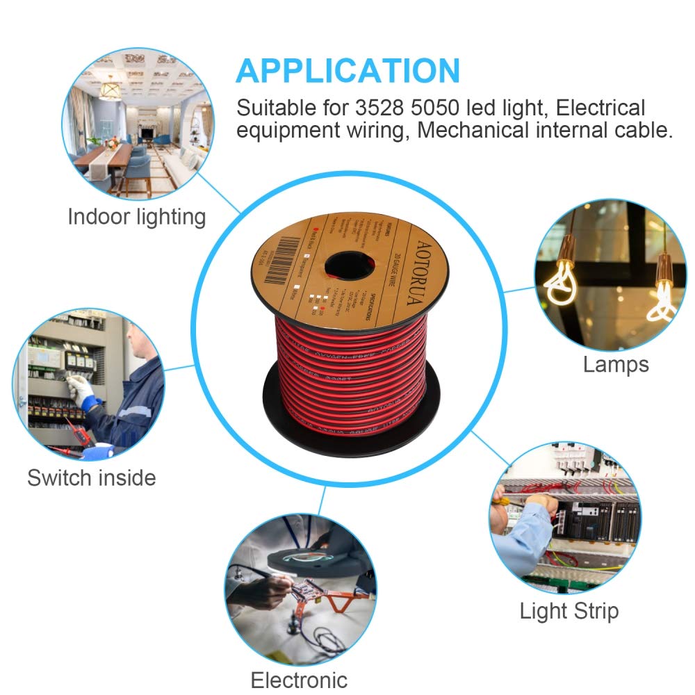 AOTORUA 100FT 14/2 Gauge Red Black Cable Hookup Electrical Wire, 14AWG 2 Conductor 2 Color Flexible Parallel Zip Wire LED Strips Extension Cord 12V/24V DC Cable for LED Ribbon Lamp Tape Lighting: Industrial & Scientific