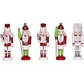 OEUVI 5PCS Christmas Decorations Nutcracker Ornament,5 inch Wooden Soldier Decor Xmas Tree Hanging Nutcracker Soldier Set for Tree Table Decor Gifts.
