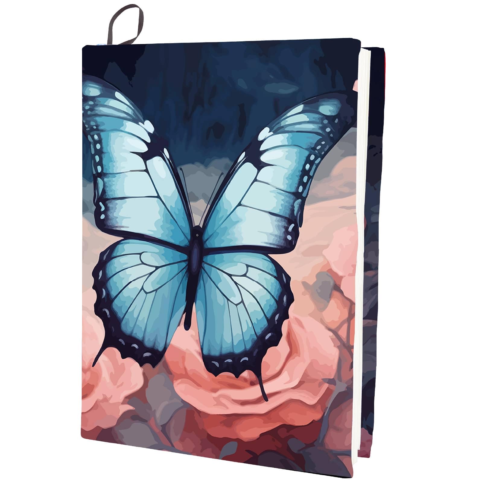 CRASPIRE BLue Butterfly Stretchable Book Cover Pink Rose Flower Washable Reusable Large Nylon Polyester Book Protector Elastic Notebook Wraps Suitable for Most Hardcover Books Students