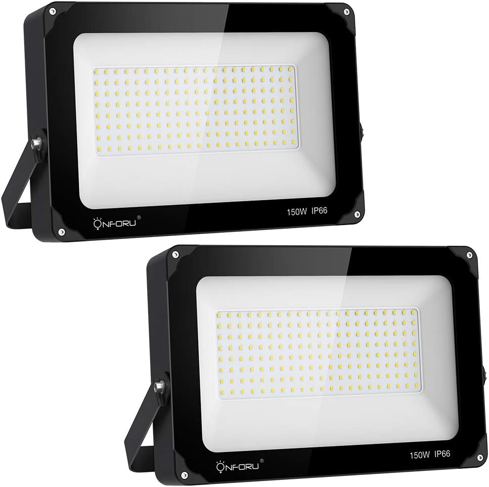 Onforu 150W LED Flood Light Outdoor, 15000lm Super Bright Security Light, IP66 Waterproof Exterior Floodlight, 5000K White Stadium Lights for Basketball Court, Parking Lots, Playground, Yard (2 Pack) - - 