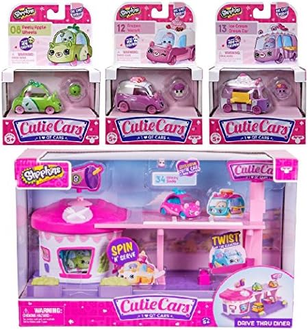 Shopkins Cutie Cars Drive Thru Diner Playset + Cutie Cars Peely Apple Wheels, Frozen Yocart, &amp; Ice Cream Dream Including Blizy Flashlight Keychain