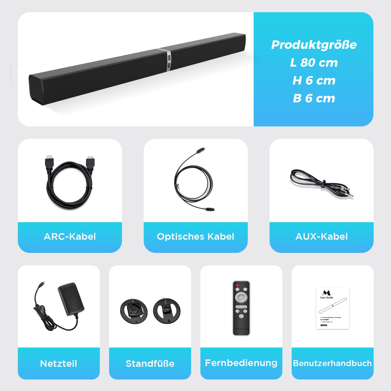 HoYLluDLL 2.0-Kanal Soundbar für TV Geräte, 32 Zoll Teilbare 2-in-1 Soundbar für TV Soundbar Bluetooth mit 3 EQ-Modi und 3D Surround Sound, TV Lautsprecher Soundbars mit ARC/Optisch/Aux, 1pcs 8
