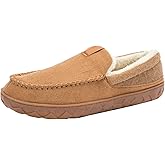 Deenor Men's Moccasin House Slippers Cozy Memory Foam Bedroom Slippers Indoor Outdoor Non-slip Suede Slipper Plush Lining Size 10, Brown