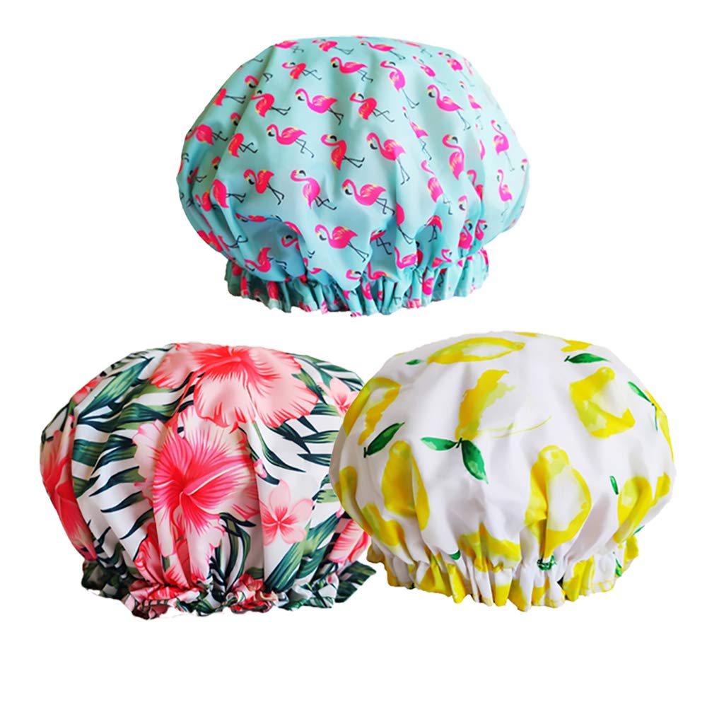 Shower Cap 3 PACK, Double Layers Bath Cap with Adjustable
