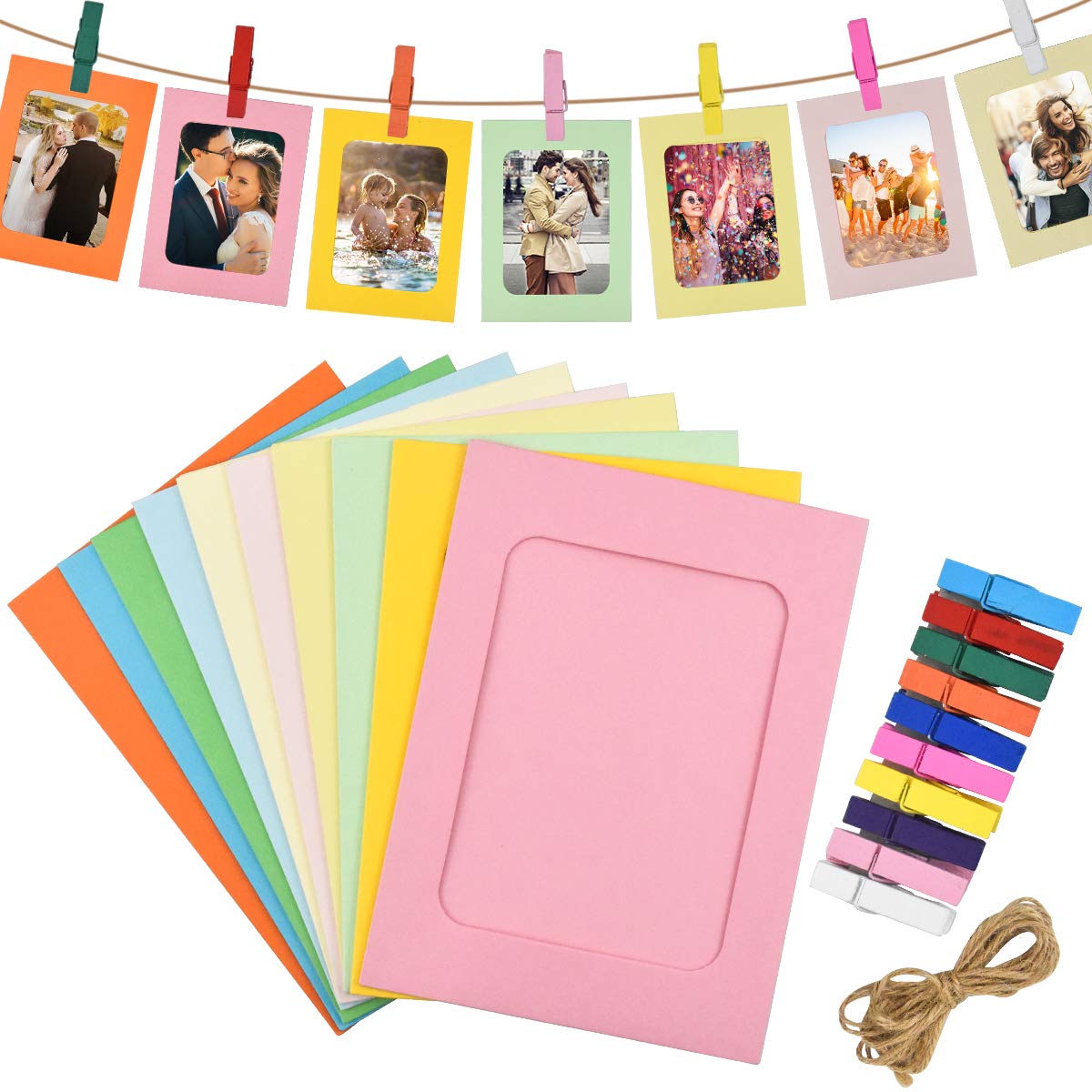 30 Pcs Paper Photo Frames Hanging Paper Photo Frame for 6in Photo Colorful Cardboard Picture Frame Set with Mini Wooden Clips and Hemp Ropes for Birthday Party Family Bedroom Company Wall Decoration