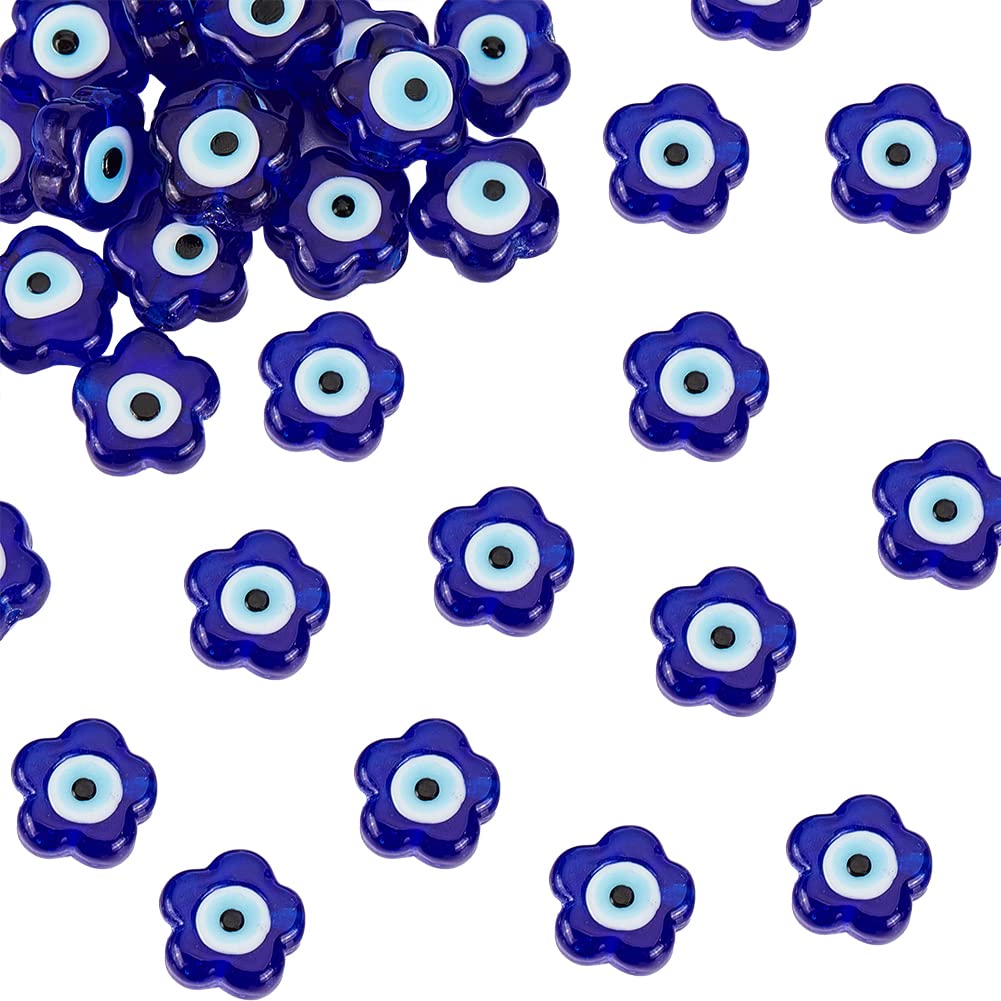 DICOSMETIC About 33pcs Evil Eye Lampwork Beads Strands Flower Evil Eye Charms Glass Beads Dark Blue Small Flat Loose Beads for DIY Jewelry Making, Hole: 1.6mm