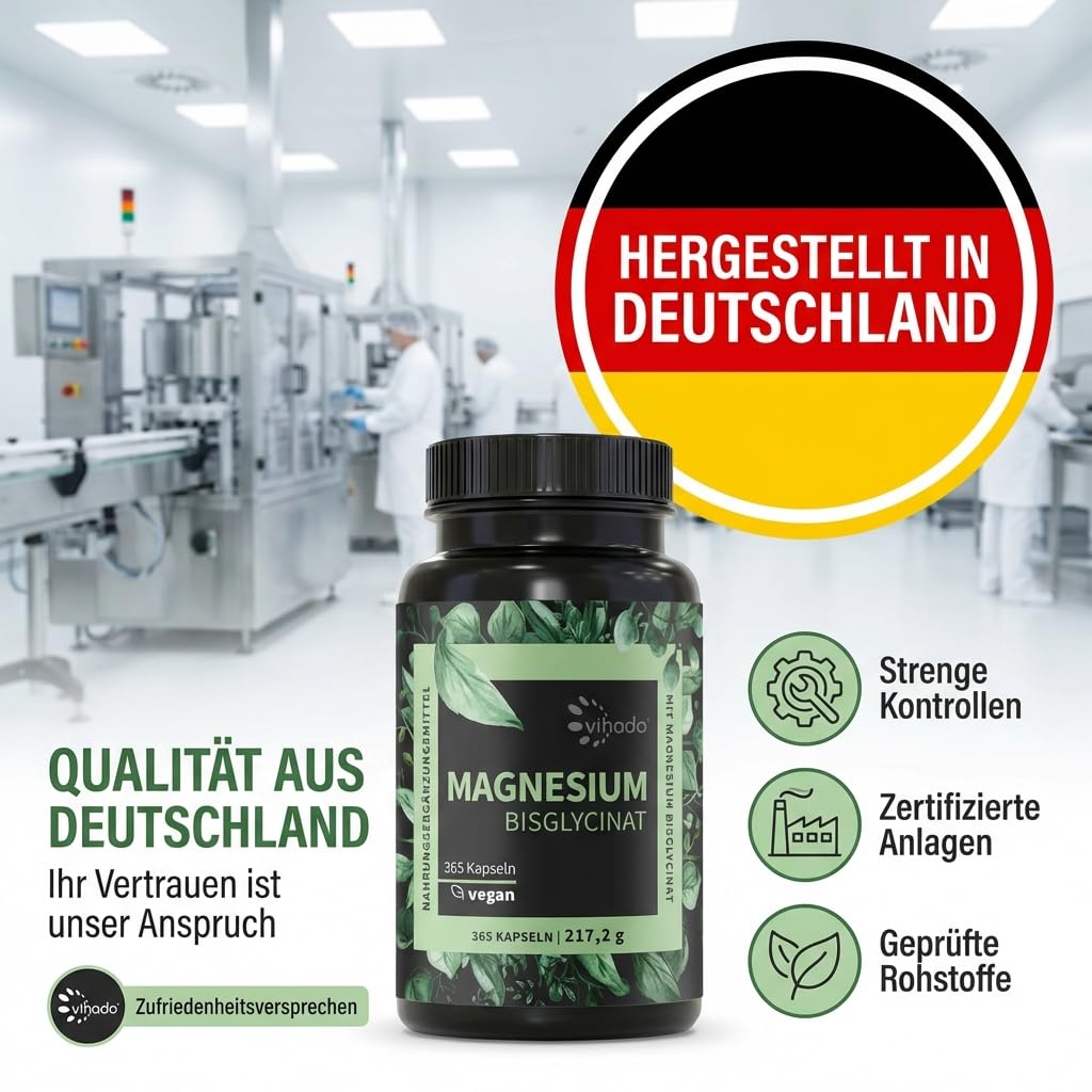 Vihado Magnesium Bisglycinat 365 XXL-Vorrat, 200 mg elementares Magnesium pro Tagesdosis, hochdosiert, 365 vegane Kapseln 3