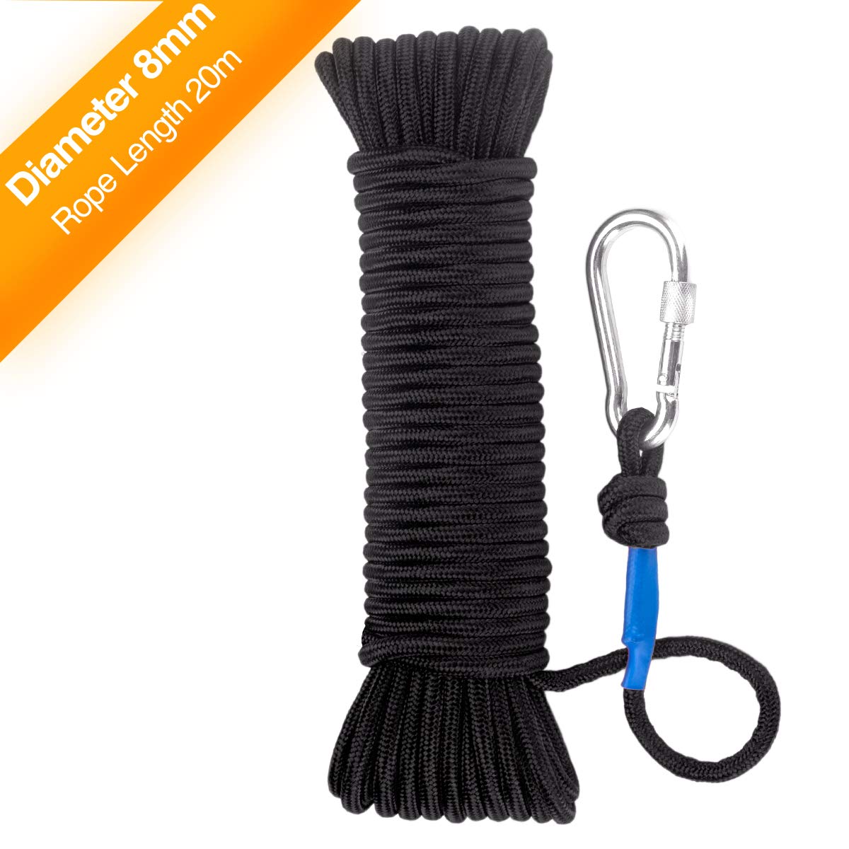 Wukong Nylon Rope & Carabiner, 65 Feet Magnet Fishing Rope Diameter 6mm/8mm Safe and Durable All Purpose High Strength Braid Rope w/Safety Lock