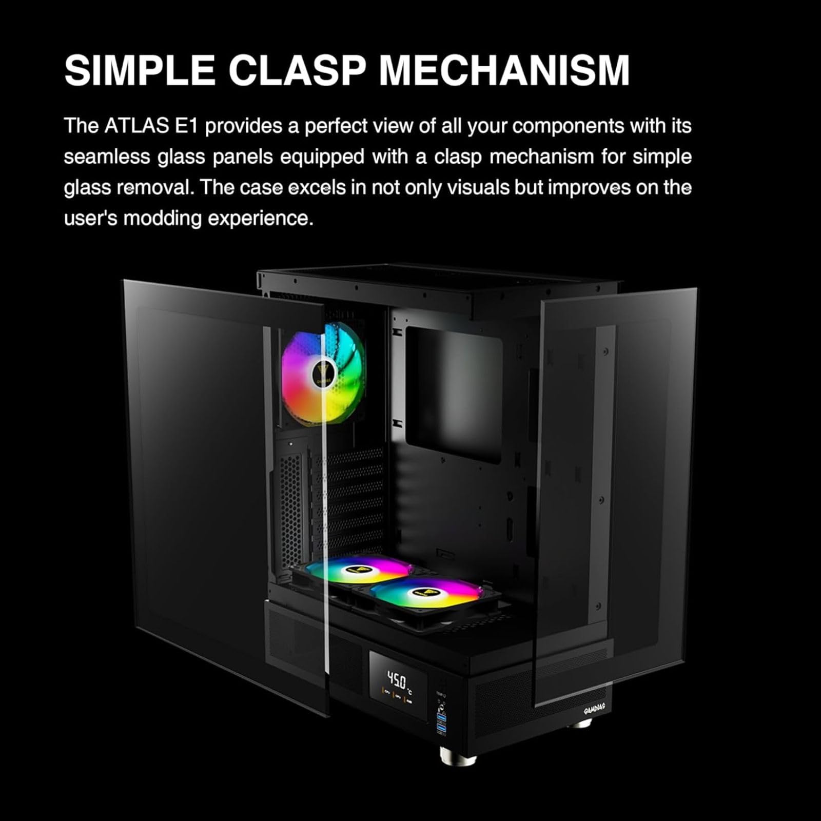 GAMDIAS ATX Mid Tower Computer Case with Tempered Glass, Gaming PC Case w/Temperature Display LCD & 3X 120mm ARGB Fans, Support Up to 5X Fans, 240mm AIO/Radiator, 340mm GPU/VGA, 160mm CPU Air Cooler