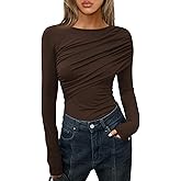Cicy Bell Womens Long Sleeve Pleated Tops Fall Crew Neck Fitted Shirts Y2k Going Out Casual Ruched Blouse