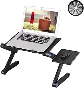 Aluminum Alloy Folding Computer Desk Stand with CPU Cooling USB Fan, Adjustable Laptop Desk Stand, with Ergonomic Mouse Pad, Aluminum Alloy Folding Table for Bed, Sofa, Bed Desk Reading(Black)