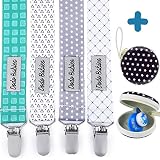 Pacifier Clip by Dodo Babies Pack of 4 + Pacifier Case, Premium Quality for Boys and Girls Modern Designs Universal Holder Leash for Pacifiers, Teething Toy, Baby Shower Gift Set