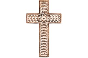 EDHAS Mango Wood White Cross Carved Floral-Design Family Cross Decor,Home Decoration (10" x 6" x 0.5")