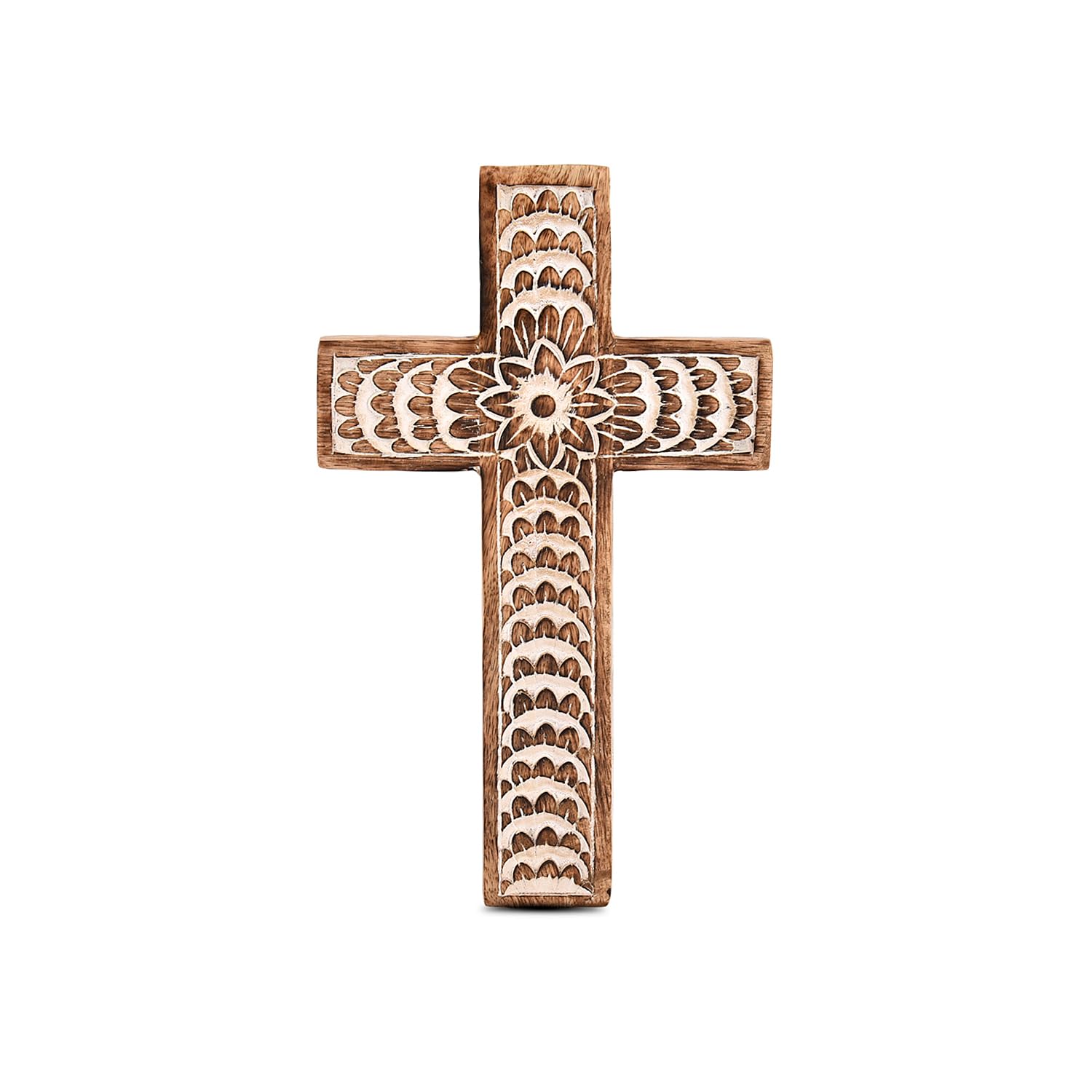 EDHAS Mango Wood White Cross Carved Floral-Design Family Cross Decor,Home Decoration (25.4cm x 15.24cm x 1.27cm)