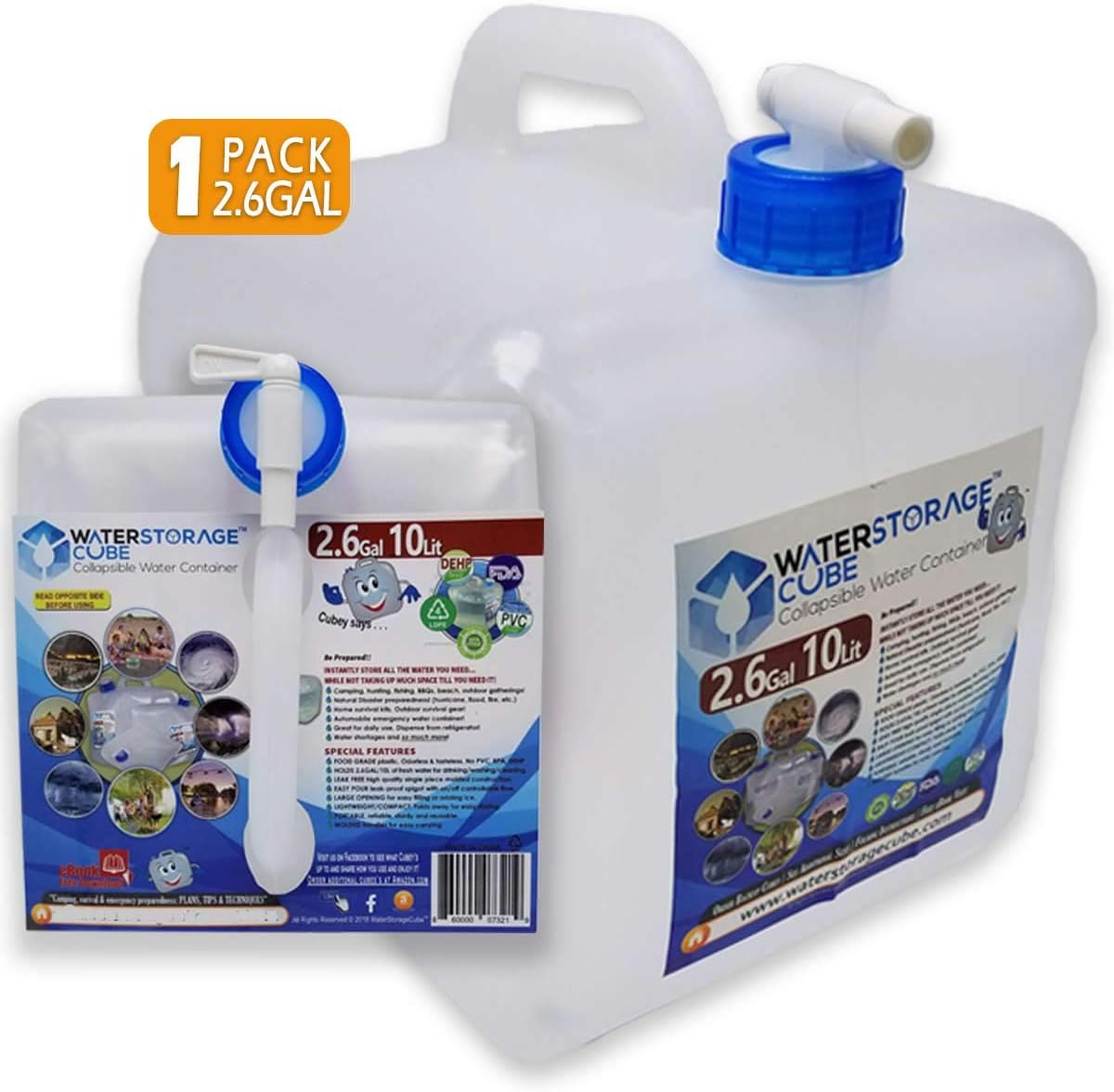 WaterStorageCube BPA Free Collapsible Water Container with Spigot, Camping Water Storage Carrier Jug for Outdoors Hiking Backpack & Survival Kit, Foldable Portable FDA Water Canteen 1.3/2.6/5.3 Gallon