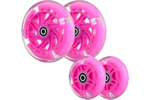 WHEELGOO Front 120mm & Rear 80mm Light-Up Flashing 3-Wheeled kid Scooter Replacement Wheels, Complete Wheels Set for 3-Wheeled Kid Push Scooter, Set of 4 (Pink)