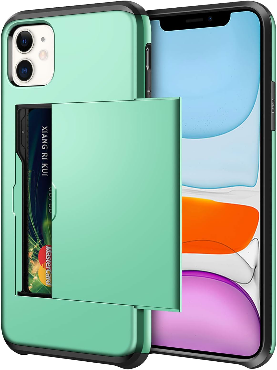 SAMONPOW Wallet Case for iPhone 11 Case with Card Holder Dual Layer Hybrid Shell Heavy Duty Protection Shockproof Anti Scratch Soft Rubber Bumper Cover Case for iPhone 11 6.1 inch Mint
