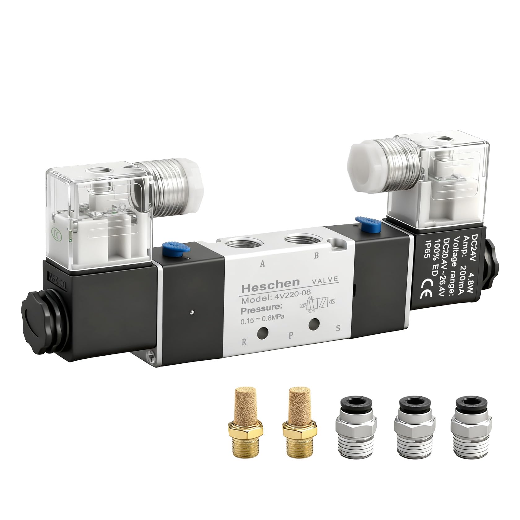 Heschen Electrical Pneumatic Solenoid Valve 4V220-08 PT1/4 5 Way 2 Position Double Coil Pilot-Operated Electric CE with Fittings and Muffler (24VDC)