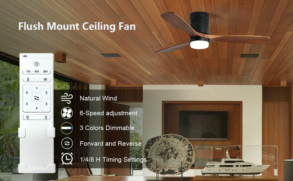 ReLa Mall 52" Low Profile Ceiling Fan with Lights Remote Control Flush Mount Wood Ceiling Fan