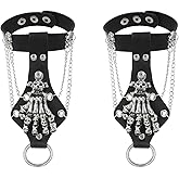 MIAO JIN 2Pcs Skeleton Hand Bracelet,Gothic Punk Rock Spike Skull Ghost Leather Cuff Bracelet Accessories With Claw Finger Wristband,Halloween Jewelry Decoration for Women Men on Party,Black