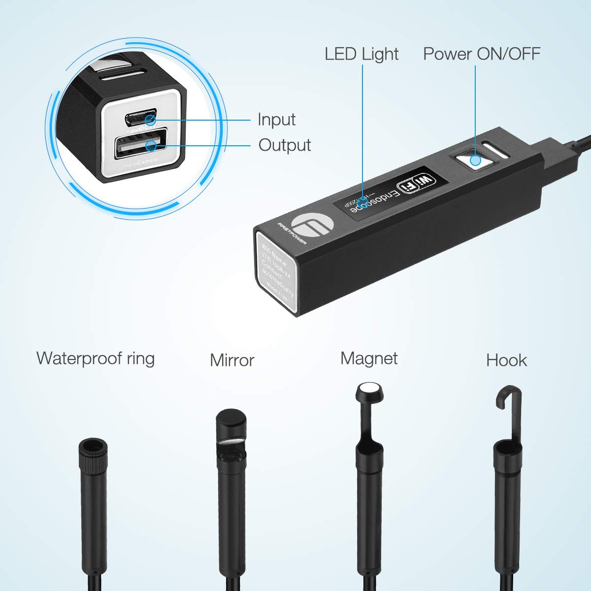 FirstPower 1200P Wireless Endoscope Semi-rigid 2.0 MP HD USB WiFi Boresccop Inspection Camera with 8 LED IP68 Waterproof Flexible Snake Camera (33FT) for Android IOS Phone Windows Tablet