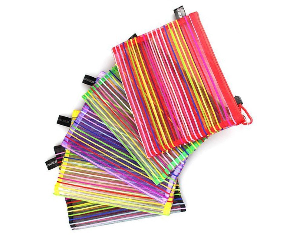 6 Pcs Colorful Rainbow Stripe Mesh Document Bag Zip File Bag Stationery File Storage Holders with Zipper Lock A4
