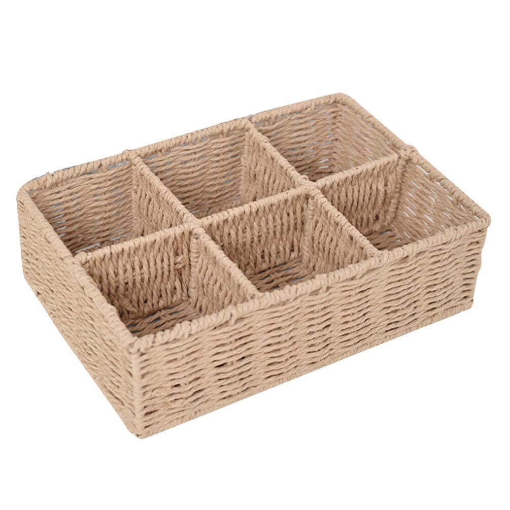 TOPBATHY Rattan Compartment Basket Desk Organizer: Woven Divided Basket Wicker Storage Basket Decorative Cosmetics Boxes Coffee Condiment Sugar Packets Tea Bags Holder for Shelf Countertop