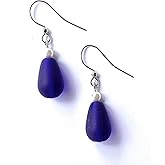Cobalt Blue Sea Glass Earrings Dangle Teardrops with Pearls for Women Girls Handmade in USA by Darlene's Gift Shop