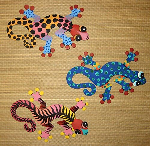 Hand Painted Metal Art Set of 3 Wall Hanging Geckos