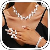 Sixexey Bridal Wedding Jewelry Set Silver Rhinestone Necklace Earrings Sparkly Bracelet Sets Prom Party Costume Jewelry for Women