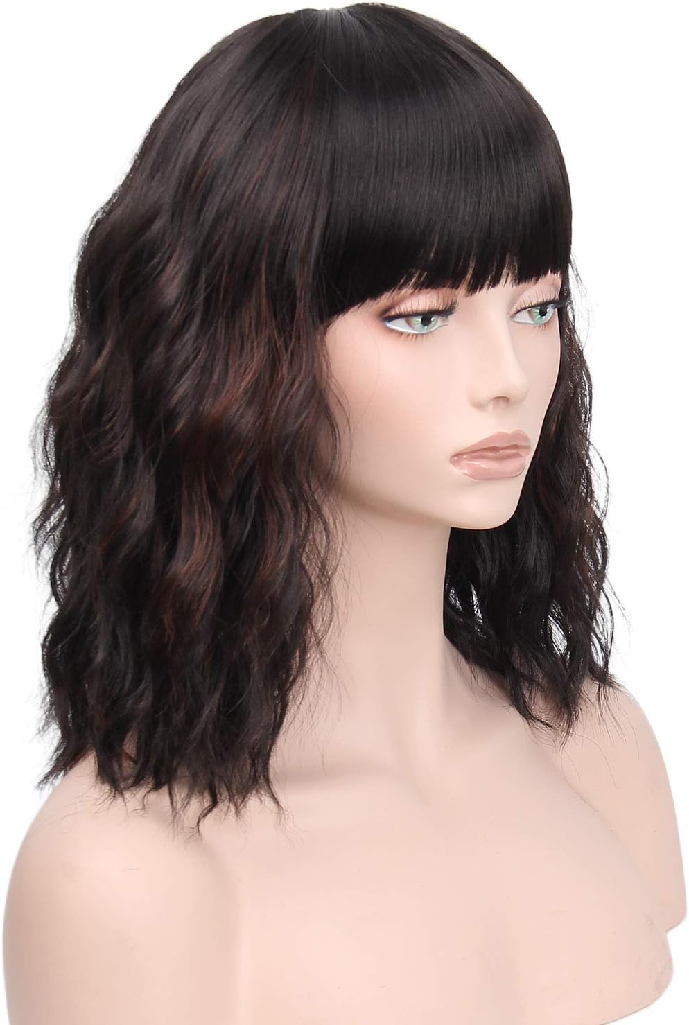 ColorfulPanda Short Curly Wavy Black Wig mix Brown Highlight Bob Wigs with Bangs for Women Synthetic Hair Wigs with Fringe - Image 5