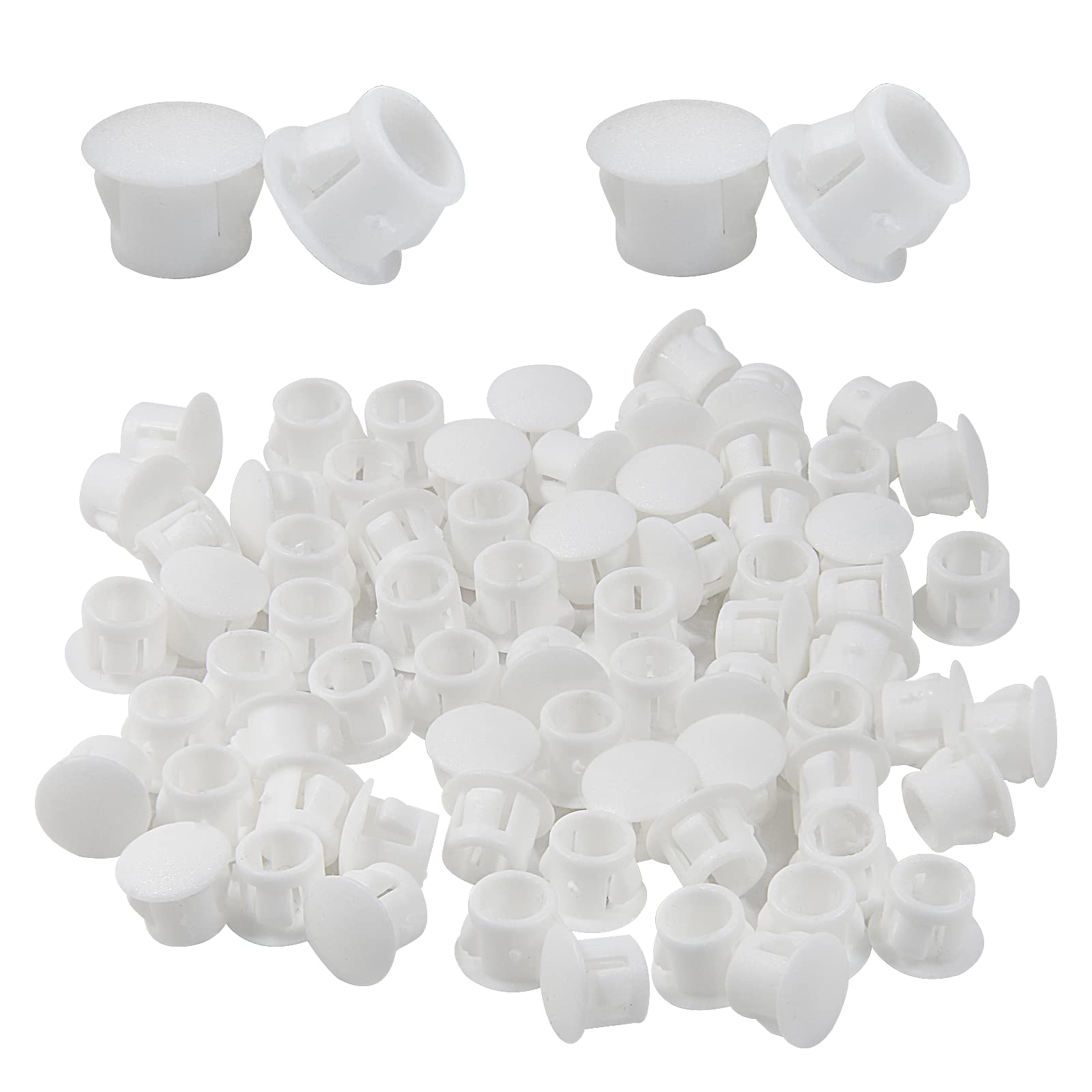 Cjueiom 60pcs 8mm / 5/16" Hole Plugs White Plastic Hole Covers, Flush Type Drill Hole Cover Caps Snap in Locking Blanking Cap, Post Pipe Insert Screw Hole Cover for Kitchen Cupboard Cabinet Shelf