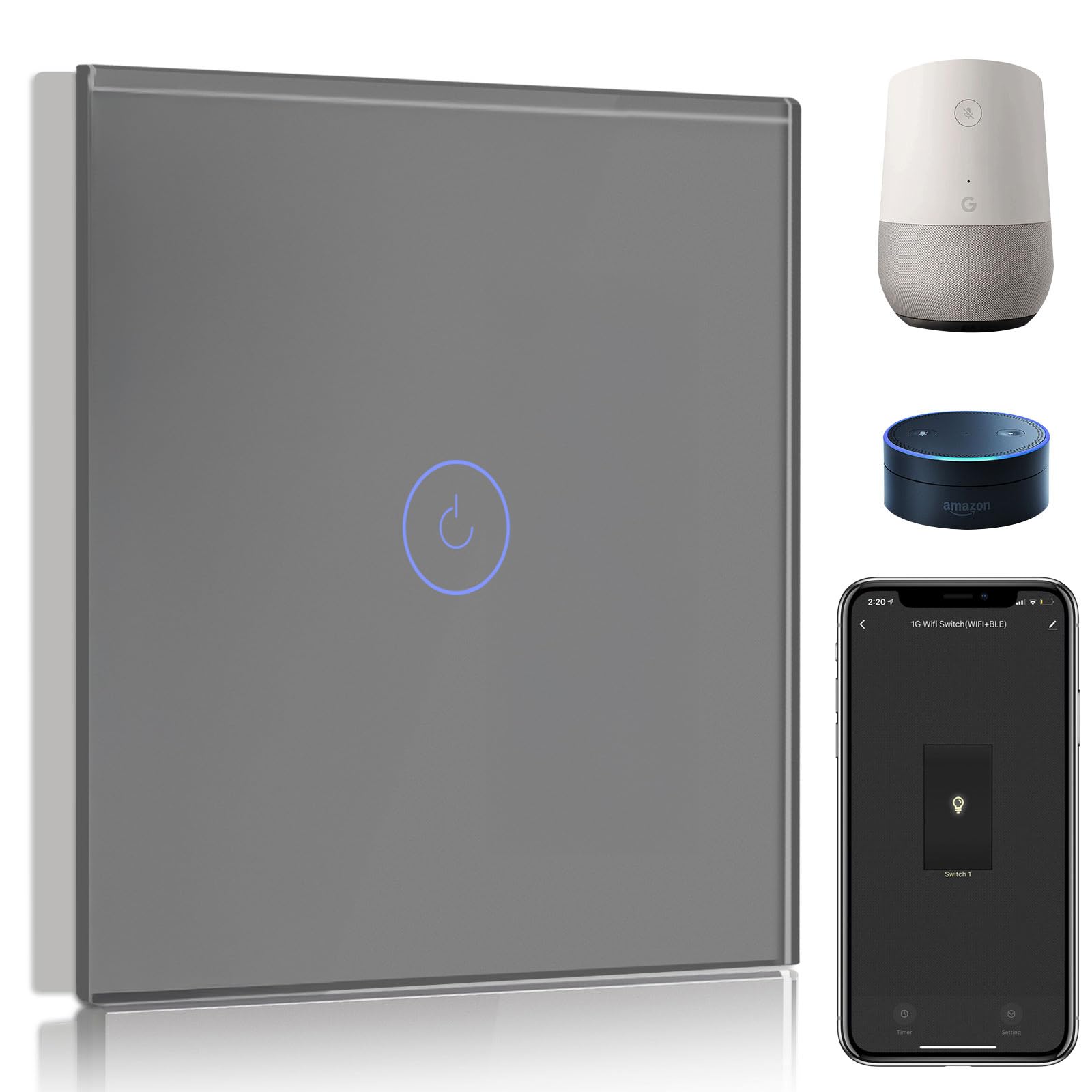 BSEED Smart Light Switch Grey,Compatible with Alexa and Google Home,1 Gang 1 Way WiFi Touch Switch,2 Way or Multi-Way Control by SmartLife APP,Alexa Switch with LED Indicator Light-Neutral Wire Need